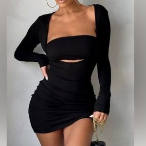 2 Pc Sexy Hollow Cut Rib Knit Halter Top W/ Long Sleeve Bodycon Black Mini Dress